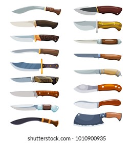 Large set of color images of criminal knives on a white background. Vector illustration of a collection of knives in the style of Cartoon