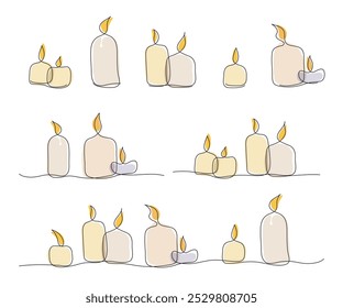 Large set of color stylized candles in one line in vector clip art