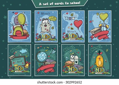 A large set of colored cards with doodles back to school