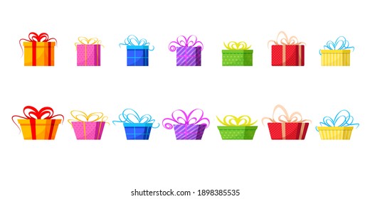 Large set of colored gift boxes with ribbon in 3d. voluminous and flat gift boxes.