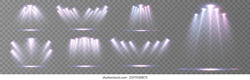 Large set of colored glowing transparent light effects on a transparent background. Illuminated stage, set of spotlights.