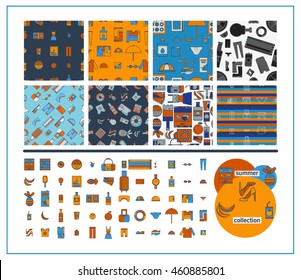 large set of colored icons clothes, summer and food. and eight seamless patterns