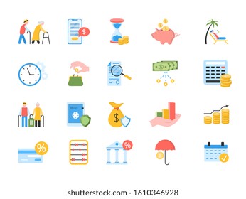 Large set of colored icons for pension and retirement planning with financial, banking, charts, graphs, money, old age, pension, planning and credit card over white, vector illustration