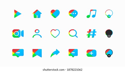 A large set of colored icons for  user interface design. heart, play, hashtag, add. Social media elements. Vector illustration