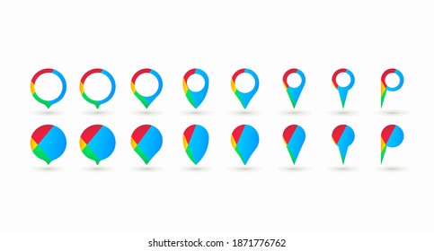 A large set of colored location pins of different shapes. Collection of location pins, placemarks, and location indicators isolated on a light background. Vector illustration
