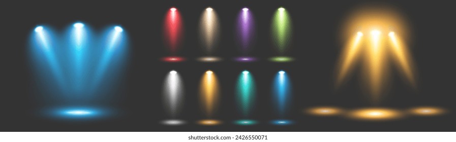 Un gran conjunto de efectos de iluminación transparente luminosa de colores sobre un fondo oscuro. Un escenario iluminado, una colección de focos. Iluminación de estudio. Vector EPS 10.