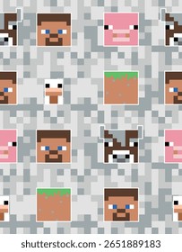 Large set of colored pixel masks isolated on white background. 8 bit skins of characters and game items in a game style. Vector illustration EPS 10.