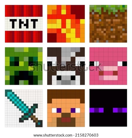 Large set of colored pixel masks isolated on white background. 8 bit skins of characters and game items in a game style. Vector illustration EPS 10.