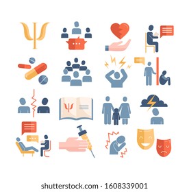 Large set of colored psychology icons with group therapy, analyst, drugs, psychiatrist, medical, journal, emotions, moods and therapy for design elements