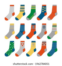 A large set of colored socks with various patterns and ornaments. children's socks in a cartoon style. vector illustration isolated on white background