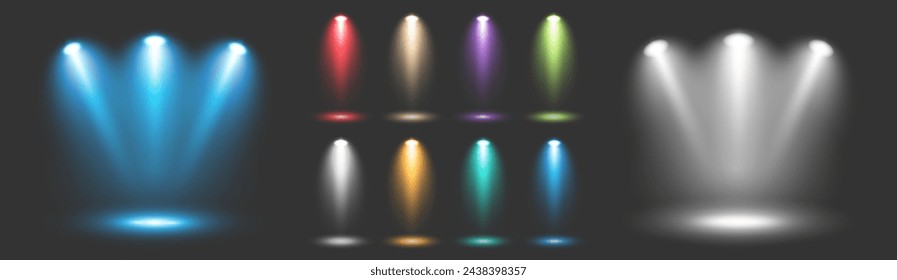 Un gran conjunto de focos de colores para iluminar el escenario con rayos sobre un fondo oscuro. Efectos luminosos de iluminación transparente. Ilustración vectorial.