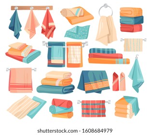 Large set of colored towel icons hanging on pegs, folded in assorted stacks and piles, rolled as a decoration and laid out flat, vector illustration