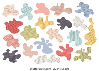 Large set of colorful abstract geometric spots with texture. Modern graphic design for social media, posters, covers, invitations, brochures, prints. Hand-drawn, doodle. Vector illustrations