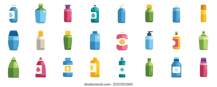 Large set of colorful bottles and jars is shown, representing various cosmetic and healthcare products