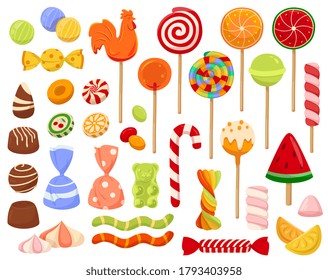Large set of colorful candy and sweets icons with lollipops, chocolates candy canes and assorted shapes of boiled or jelly sweets, colored vector illustration on white