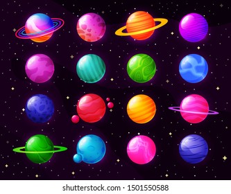 Large set of colorful cartoon planets on a cosmic background, planet, space, galaxy, multitude, universe. Vector illustration