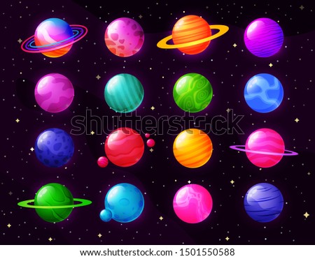 Large set of colorful cartoon planets on a cosmic background, planet, space, galaxy, multitude, universe. Vector illustration