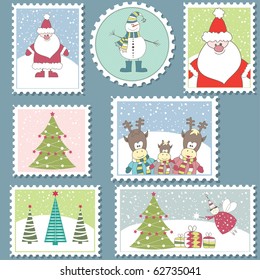 Large Set of colorful Christmas Postage stamps.Vector illustration