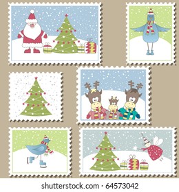 Large Set of colorful Christmas Postage stamps.Vector illustration