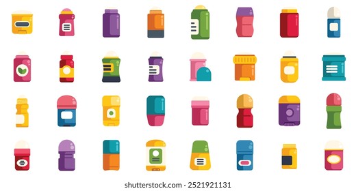 Large set of colorful deodorant bottles featuring different designs and styles, isolated on white background