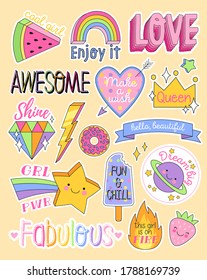 Large set of colorful fashion patches with motivational text in assorted designs for creative design elements, colored vector illustration