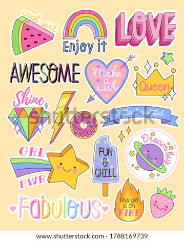 Large set of colorful fashion patches with motivational text in assorted designs for creative design elements, colored vector illustration