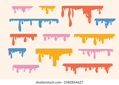 Large set of colorful flowing liquid drops from above. Hand drawn drops of liquid paint