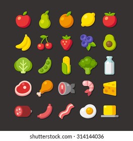 Large set of colorful food icons: fruits, vegetables, meats and dairy. Simple flat vector style.