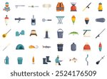 Large set of colorful icons for fishing showing a fisherman holding a fish, with various equipment and gear