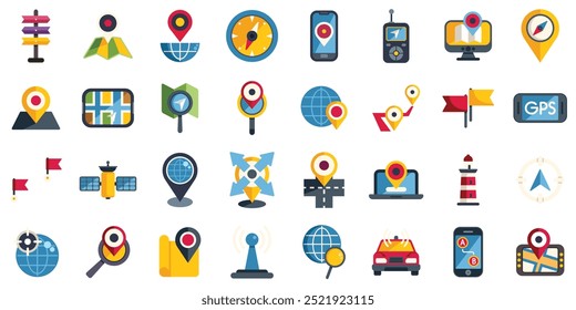 Grande conjunto de iconos coloridos que muestran diferentes formas de navegación y mapeo