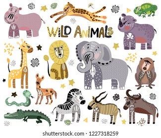 Large set of colorful isolated elements - stylized African wild animals and additional elements on white background, hand-drawing and flat style mixed, vector illustration