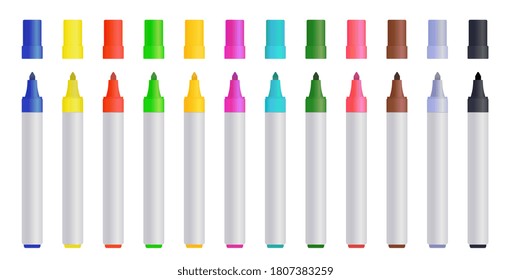 Large set of colorful marker pens with lids above in the colors of the rainbow or spectrum isolated on white, colored vector illustration