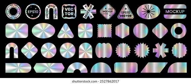 Große Menge von bunten Neon-Aufklebern, leere Vorlagen, Etikett mit holografischem Effekt. Glänzende Regenbogen-Embleme verschiedener Formen. Realistisches Modell für Einkaufssymbole. Isoliertes Hologramm. Vektor-EPS10