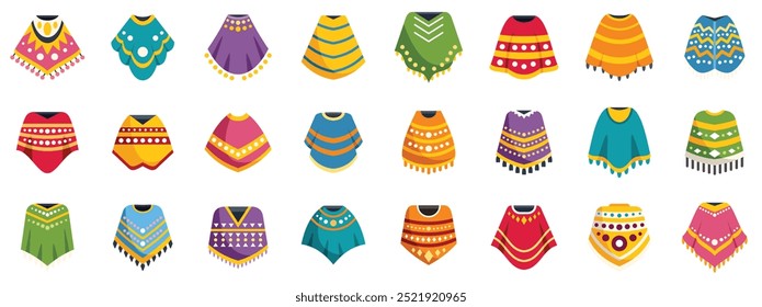 Grande conjunto de ponchos coloridos con diferentes adornos que muestran patrones nacionales, diferentes tipos de ropa tradicional sudamericana para hombres y mujeres sobre fondo blanco