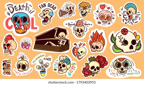 Large set of colorful skull stickers or badges and a skeleton in a coffin with assorted text, colored vector illustration. Translaton from spanish: Dia de los muertes - Day of the Dead