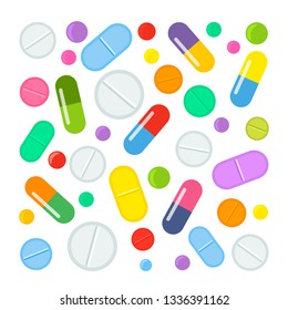 a large set of colorful tablets and various medical capsules of drugs. flat vector illustration isolated on white background. medical banner