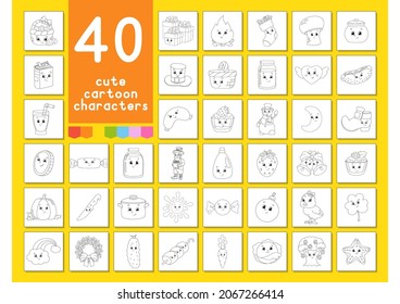 A large set of coloring books for children. Cute cartoon characters. Pages for coloring. Christmas, summer, animals, vegetables, food, easter. Vector illustration isolated on white background.
