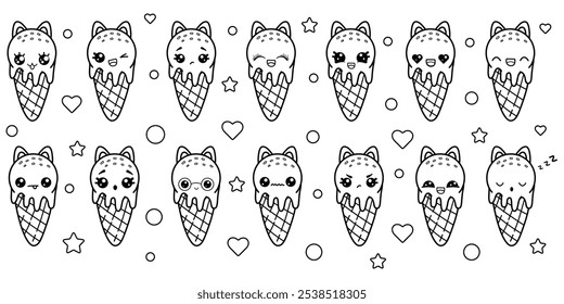  A large set of coloring pages with kawaii ice cream with cat ears and a funny face. Various Kawaii emotions.Vector illustration isolated on white background