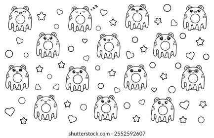 Un Grande conjunto de páginas para colorear con rosquillas kawaii con orejas de oso y una cara divertida. Varias emociones Kawaii. Ilustración vectorial aislada sobre fondo blanco.