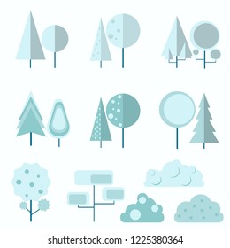 Large set of coniferous and deciduous trees and bushes in a flat style. Winter version. Blue and white. Round, triangular, complex shapes. Snow covered trees.