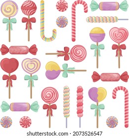 Un gran conjunto de caramelos y copas de colores. Candy cae. Jugosas lópops sobre un palo de diferentes formas y tamaños. dulces de Navidad. Una colección de caramelos festivos. Ilustración del vector