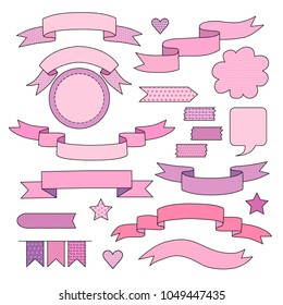 A large set consisting of different versions of ribbons, as well as flags, stickers, arrows and other design elements. Can be used for invitations, postcards, scrapbooking, diplomas, gliders
