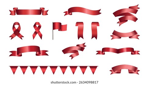 A large set consisting of red award ribbons of various shapes, flag, garlands, loop ribbons. Luxury label, badge premium quality certificate ribbon. Collection of Different Empty Red Ribbon, Label 