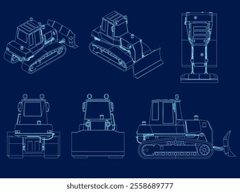 A large set of construction equipment in blue. Special machines for the building work. Tractors, bulldozers, dump trucks. Vector illustration