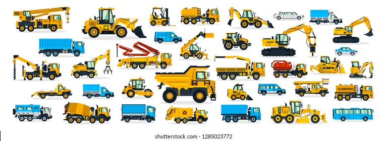 A large set of construction equipment, transportation for the construction site, cargo truck, bus, excavator, crane, tractor. Machines for building services. Shipping by cars. Vector illustration - Shutterstock ID 1285023772