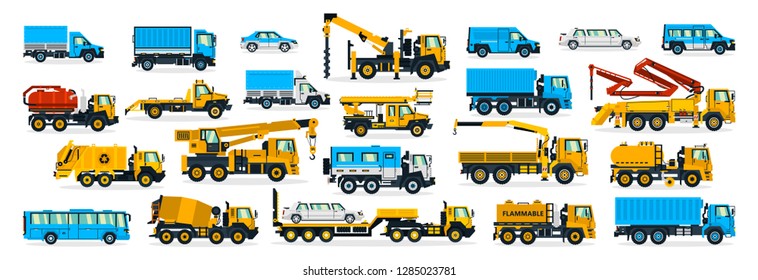 A large set of construction equipment, wheeled transport. Cars serving the construction site. Crane, cargo delivery, bus, garbage truck, fuel truck, water carrier, cement mixer. Vector illustration