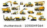 A large set of construction equipment in yellow. Special machines for the building work. Forklifts, cranes, excavators, tractors, bulldozers, trucks, cars, concrete mixer, trailer.Vector illustration