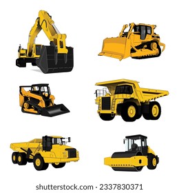 A large set of construction equipment in yellow. Special machines for the building work. Compactor, excavators, tractors, bulldozers,dump trucks. Vector illustration