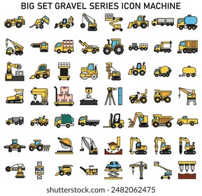 Grande conjunto de iconos de construcción y maquinaria industrial en una serie de grava. Ilustrado en un estilo de dibujos animados.
