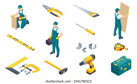 Large set of construction tools. Drill, hammer, hacksaw, tape measure, nippers, pliers, wrench, stapler, roller and repairman or mechanic with a toolbox. Icon set.